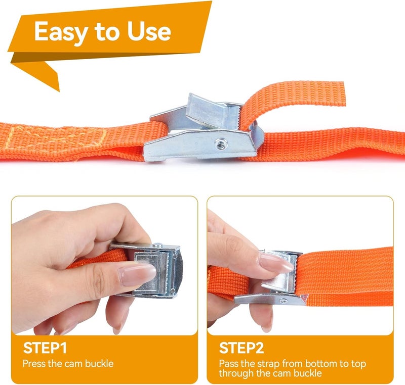 BRUTEBOSE Tie Down Straps 4-Pack, 0.8" x 6.6Ft (2x200cm) Heavy Duty Orange Lashing Straps, Adjustable Retaining Straps with Buckle for Vans, Motorcycle, Trailer, Luggage, Car Roof Rack - Image 4